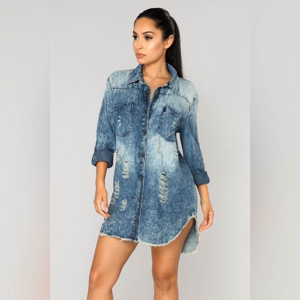 Thrill Jeans Distressed Denim Shirt Tunic Blue Acid Wash Size 1X